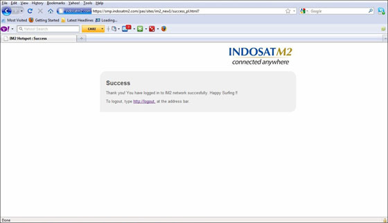成功登入後,您會被定向到 INDOSATM2 Wi-Fi Service 的成功登入首頁。你現在可以開始瀏覽互聯網。