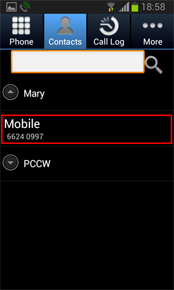 Select a contact number from Contacts in the RoamSave application (RoamSave reads and presents your phone Contacts).