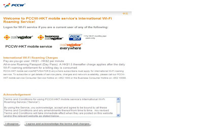 3.3 Page will be directed to the Terms and Conditions acknowledgement page of “csl’s International Wi-Fi Roaming Service” (Figure 3.3). Press “I agree and acknowledge the terms and charges” button after reading all, and if understand and totally agree.