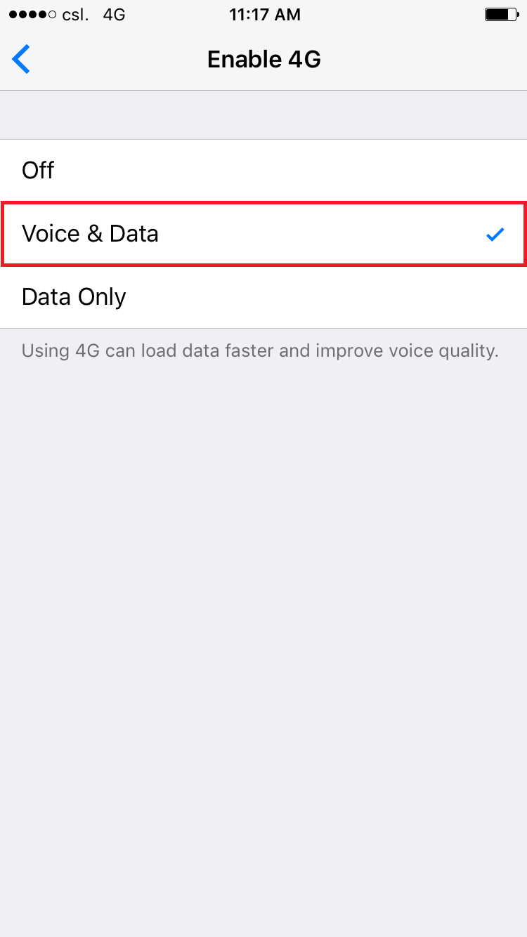 Turn on “Voice & Data” or “Data Only”
