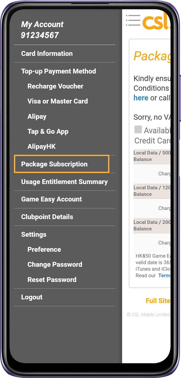 Log in “Prepaid – My Account”, Select “Package Subscription”