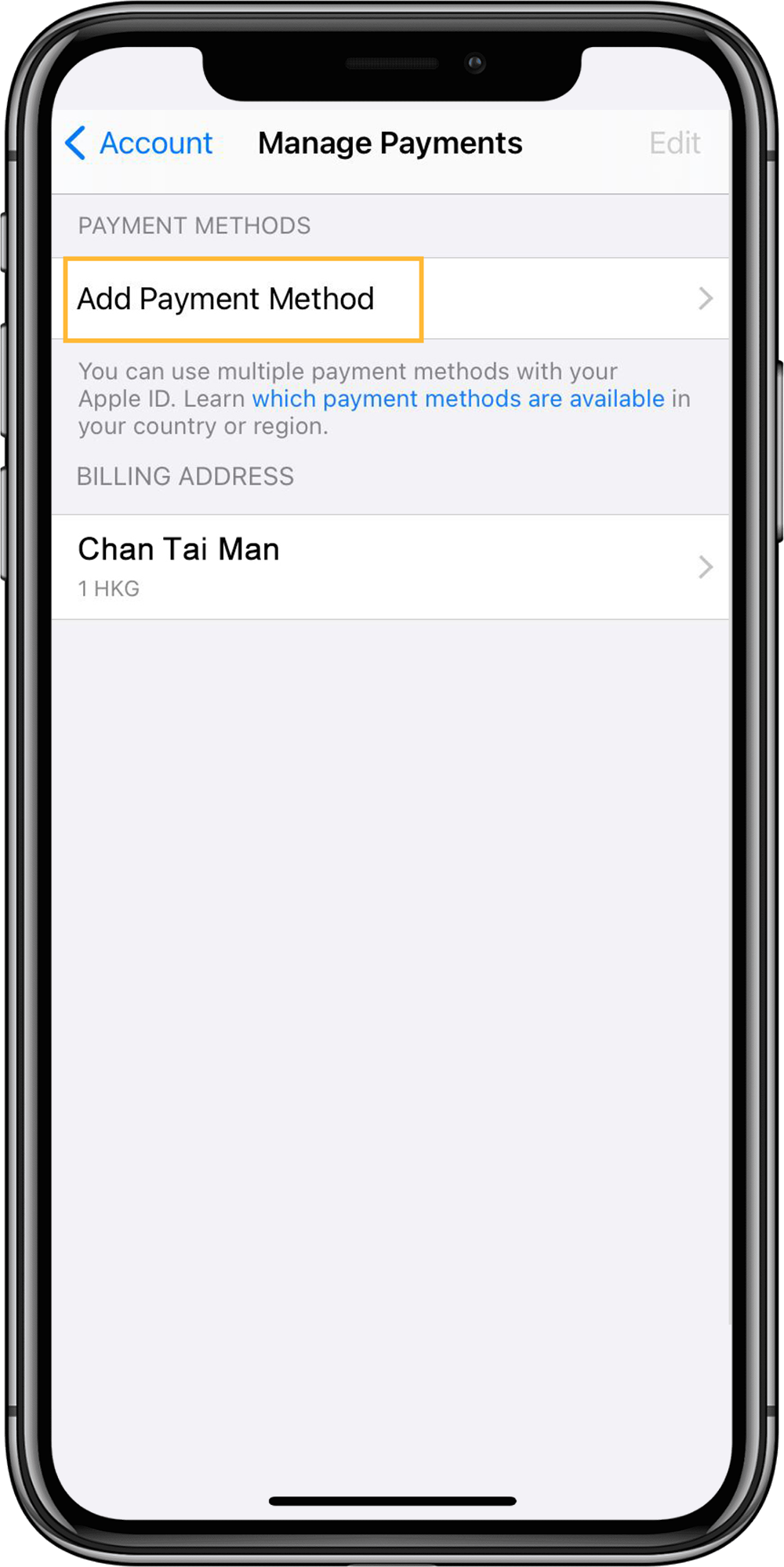 Select “Add payment method” in Manage Payments。
