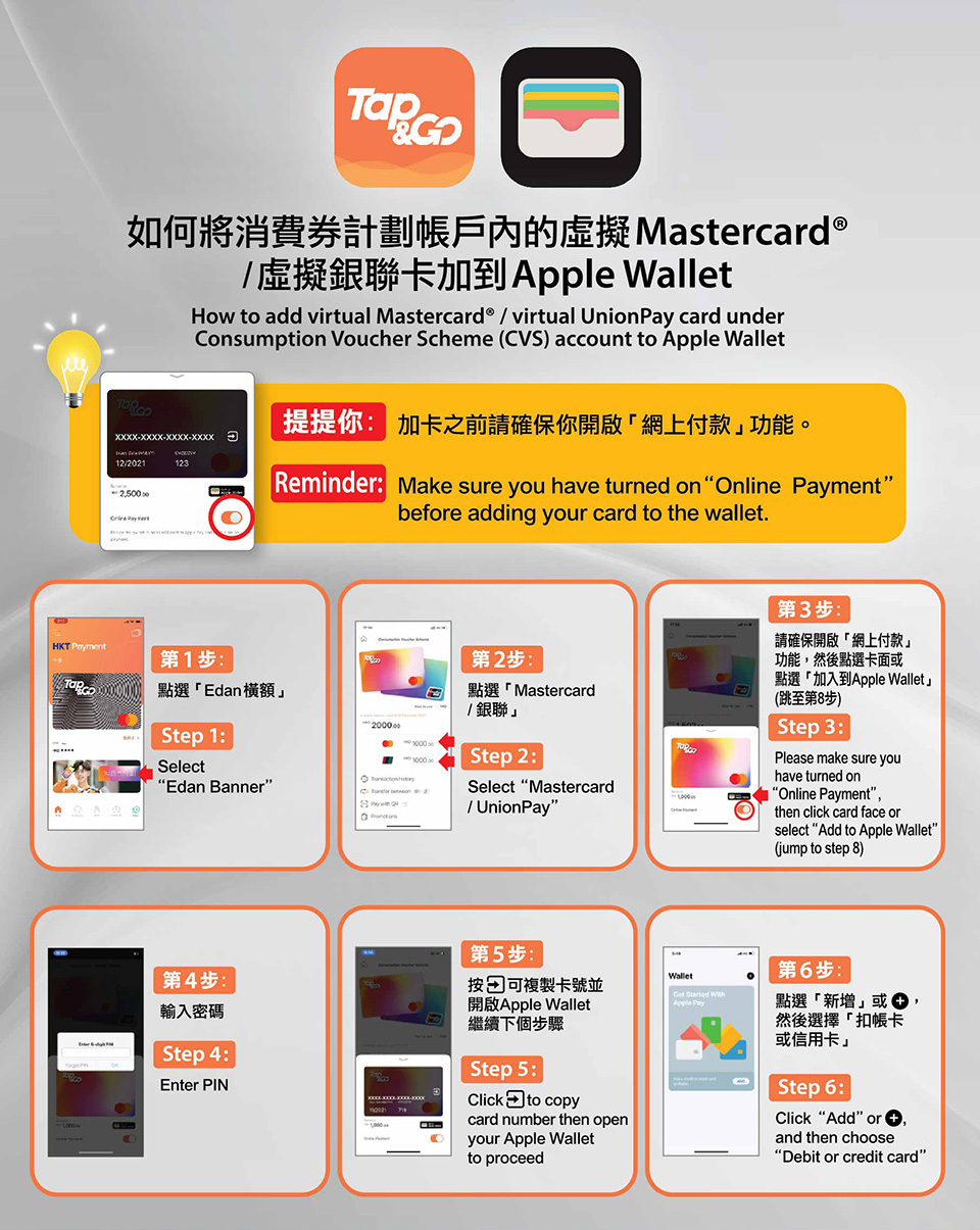  將消費券計劃帳戶內的虛擬 Mastercard® / 虛擬銀聯卡加到 Apple Wallet