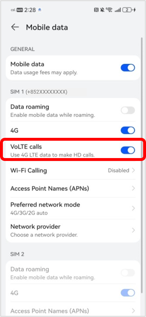 Turn On「VoLTE calls」