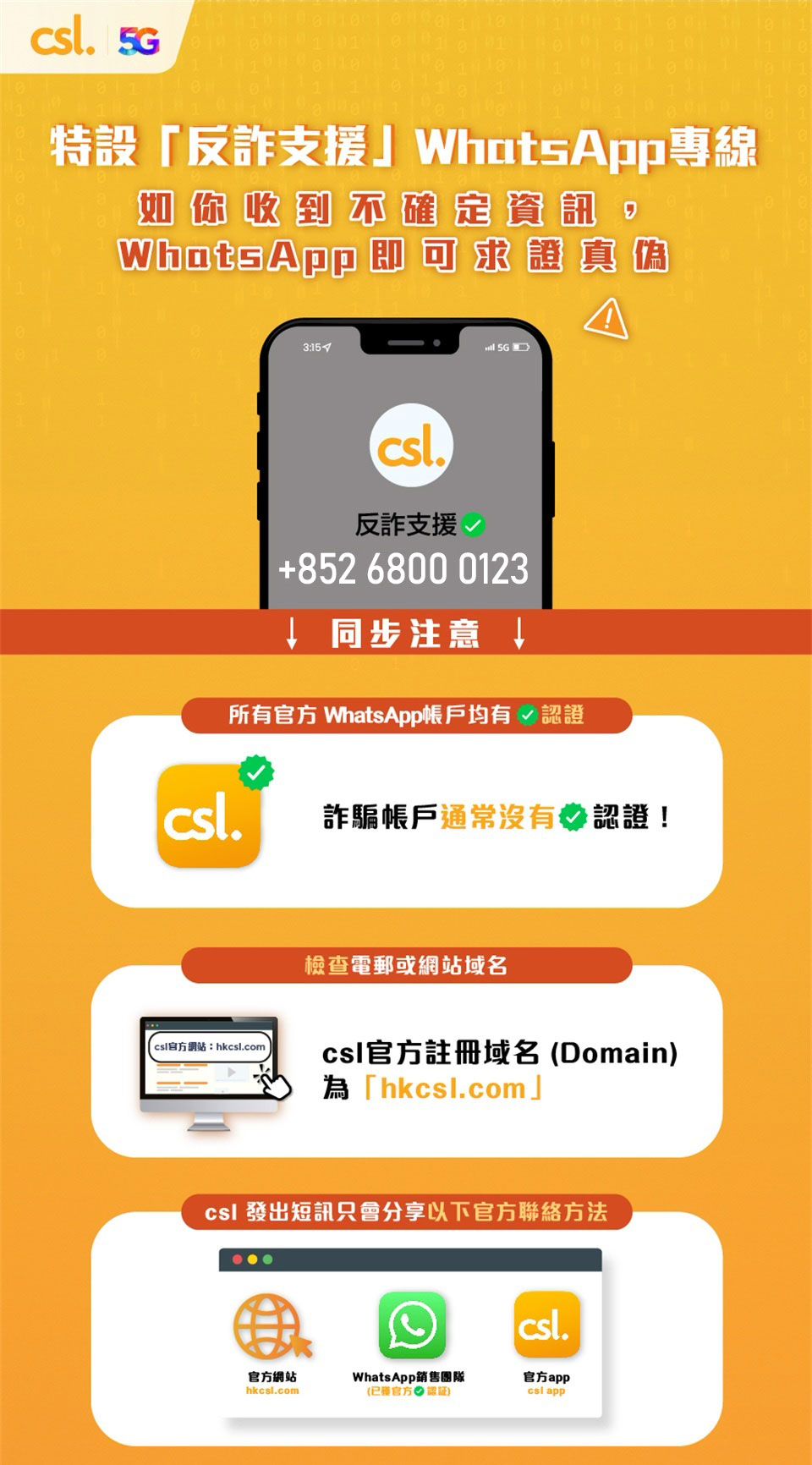 csl 反詐支援專線 WhatsApp 6800 0123