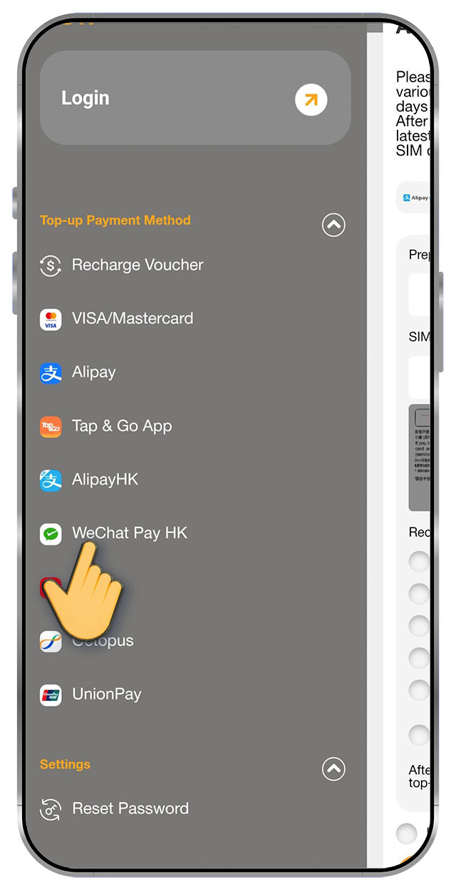 1. Select “Top-up Payment Method”, select “WeChat Pay HK”