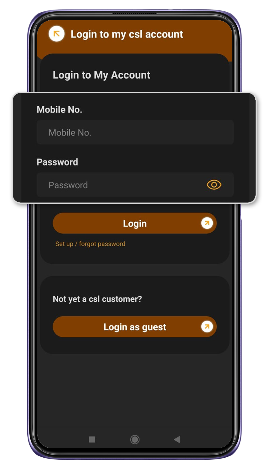 3. Enter Mobile No. and password to login