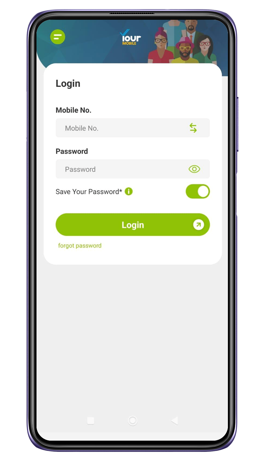 2. Enter mobile no. and password to login 
									