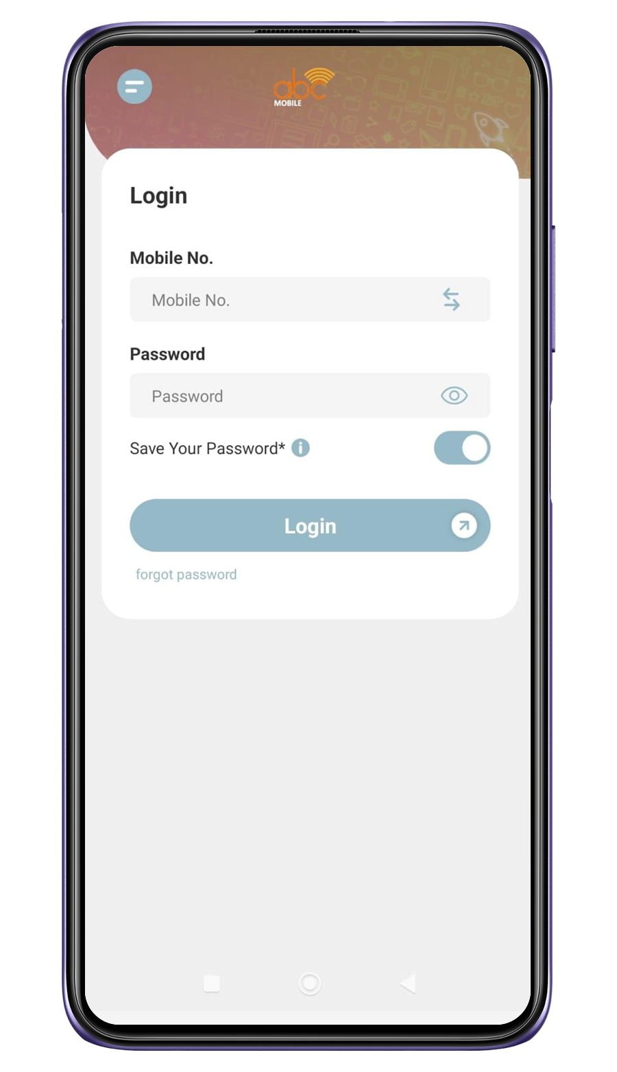 2. Enter mobile no. and password to login 
									