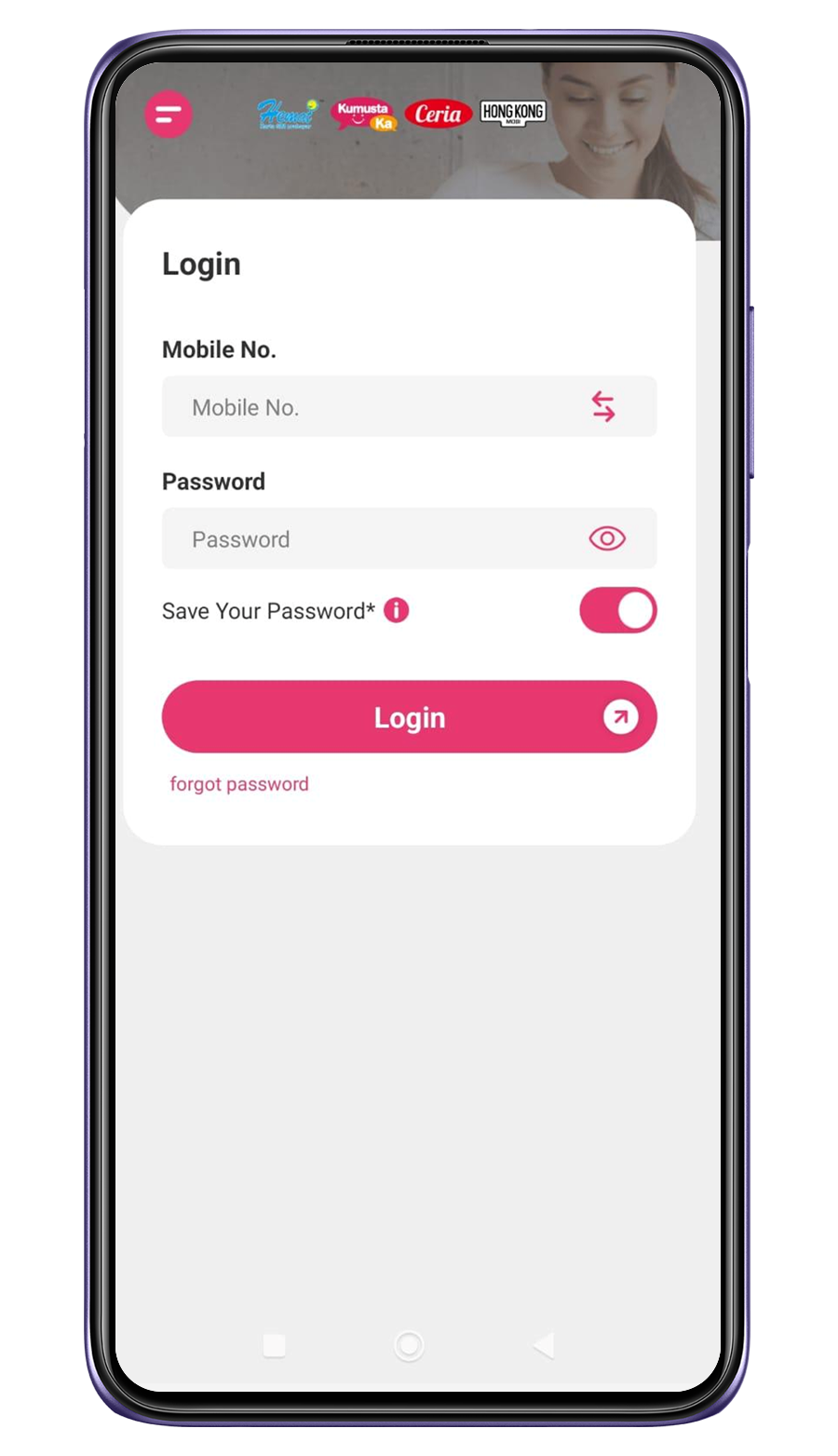 2. Enter mobile no. and password to login 
									