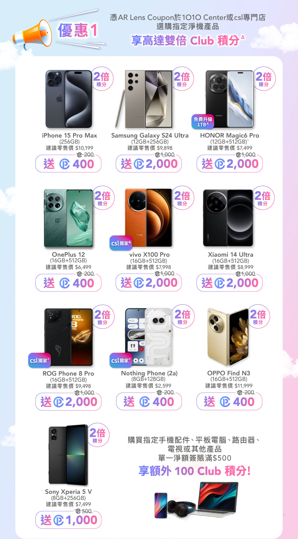 優惠1 - 憑 AR Lens Coupon 於 1O1O Center 或 csl 專門店選購指定淨機產品享高達雙倍 Club 積分