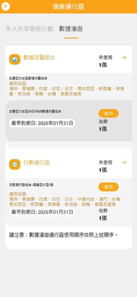 選擇要啟用的漫遊通行證