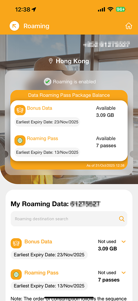 The remaining balance and earliest expiry date of the data roaming pass can be viewed