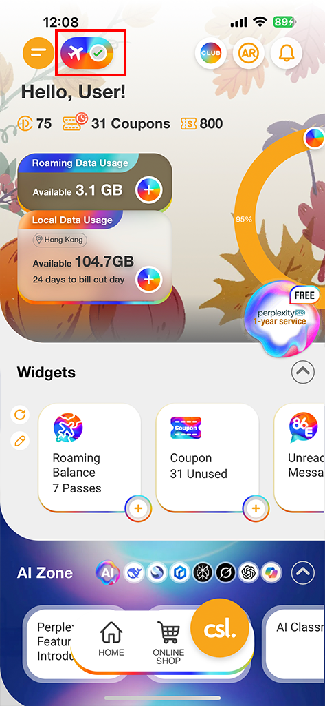 Login csl app and select Roaming