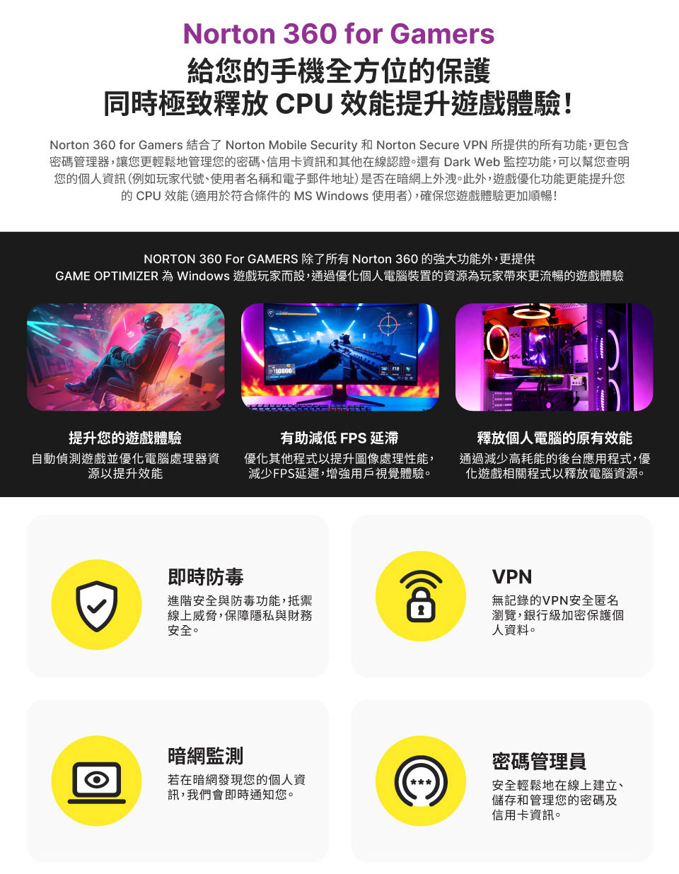 Norton 360 for Gamers 給您的手機全方位的保護，同時極致釋放CPU效能提升遊戲體驗！