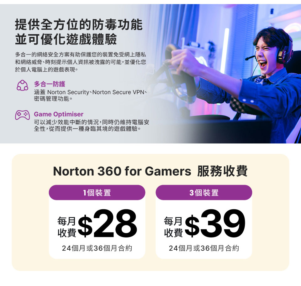 Norton 360 for Gamers 給您的手機全方位的保護，同時極致釋放CPU效能提升遊戲體驗！