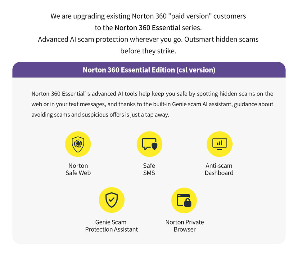 We are upgrading existing Norton 360 'Paid version' customers to the Norton 360 Essential series. Advanced Al scam protection wherever you go. Outsmart hidden scams before they strike. Norton 360 Essential Edition (csl version). Norton 360 Essential's advanced Al tools help keep you safe by spotting hidden scams on the web or in your text messages, and thanks to the built-in Genie scam Al assistant, guidance about avoiding scams and suspicious offers is just a tap away. Norton Safe Web | Safe SMS | Anti-scam Dashboard | Genie Scam Protection Assistant | Norton Private Browser