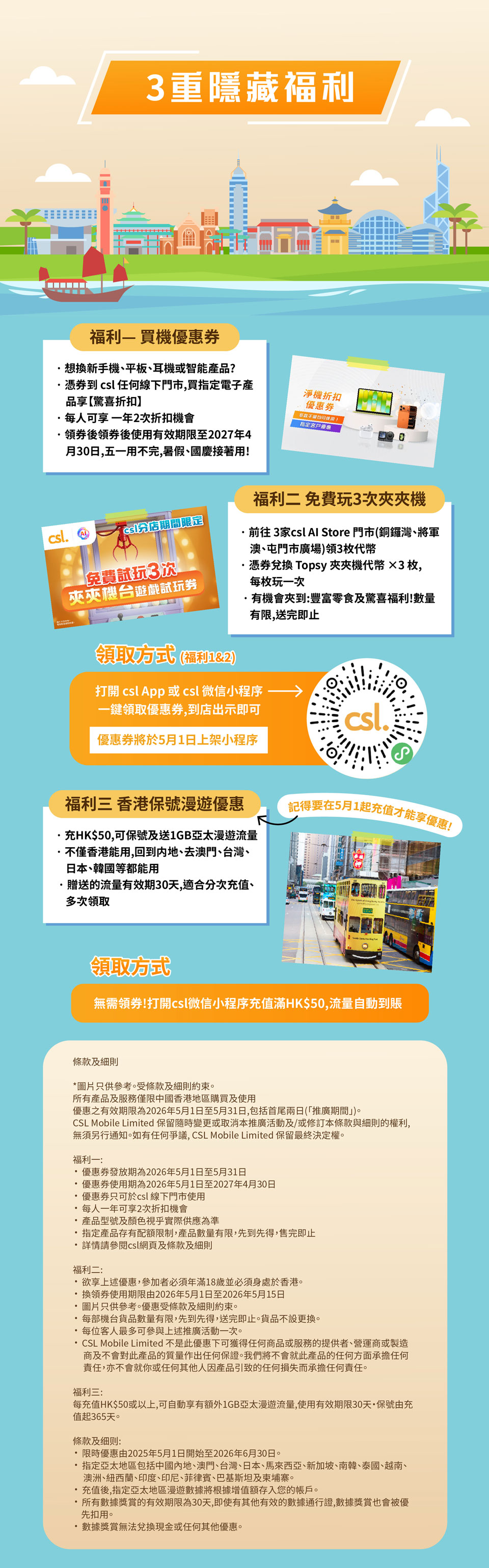 3重隱藏福利 福利一 買機優惠券 | 福利二 免費玩3次夾夾機 | 福利三 香港保號漫遊優惠