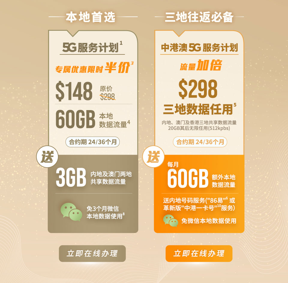 本地首选 5G 服务计划 | 三地往返必备中港澳 5G 服务计划