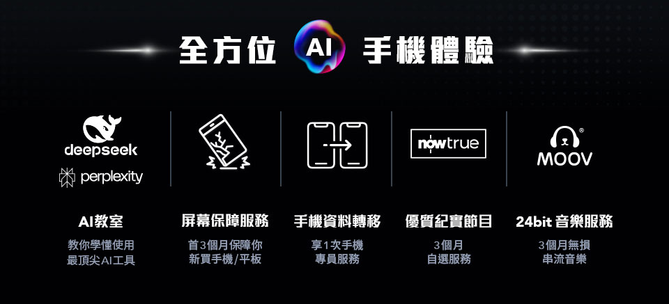 全方位 AI 手機體驗 - AI 教育 | 屏幕保障服務 | 手機資料轉移 | nowtrue 優質紀實節目 | MOOV 24 bit 音樂服務