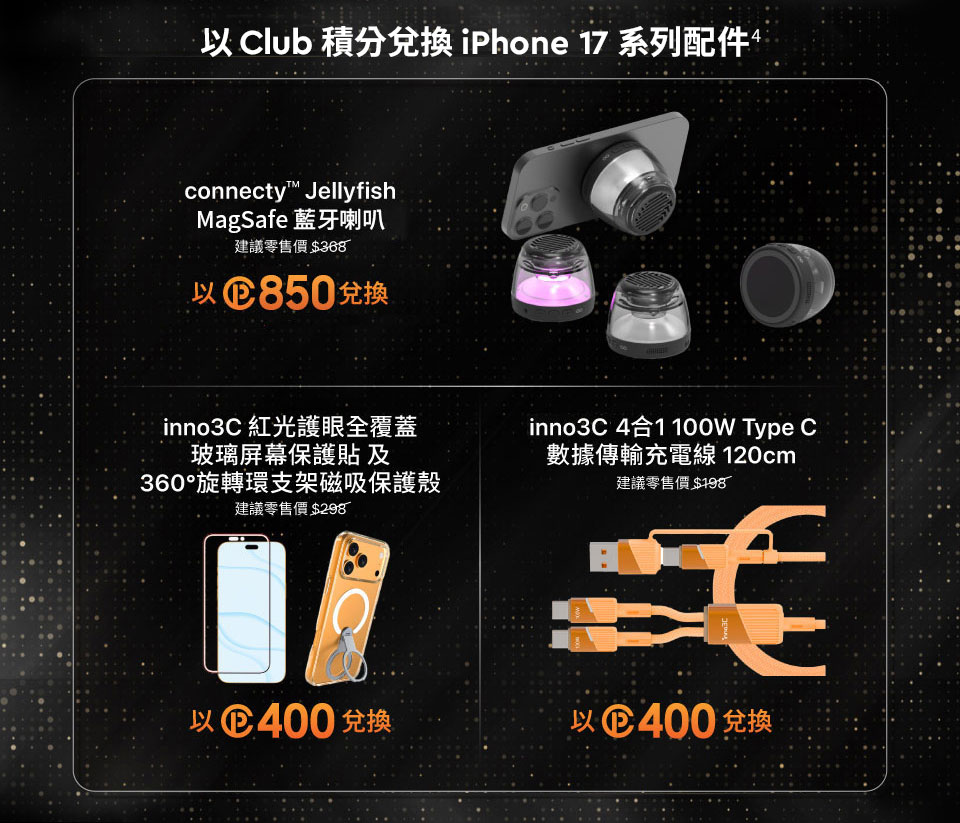 以Club 積分兌換 iPhone 17 系列配件 - connecty™ Jellyfish MagSafe 藍牙喇叭 建議零售價$368:以850兌換 | inno3C 紅光護眼全覆蓋玻璃屏幕保護貼及 360°旋轉環支架磁吸保護殼 建議零售價$298:以400兌換 | inno3C 4合1 100W Type C 數據傳輸充電線 120cm 建議零售價$198: 以400兌換