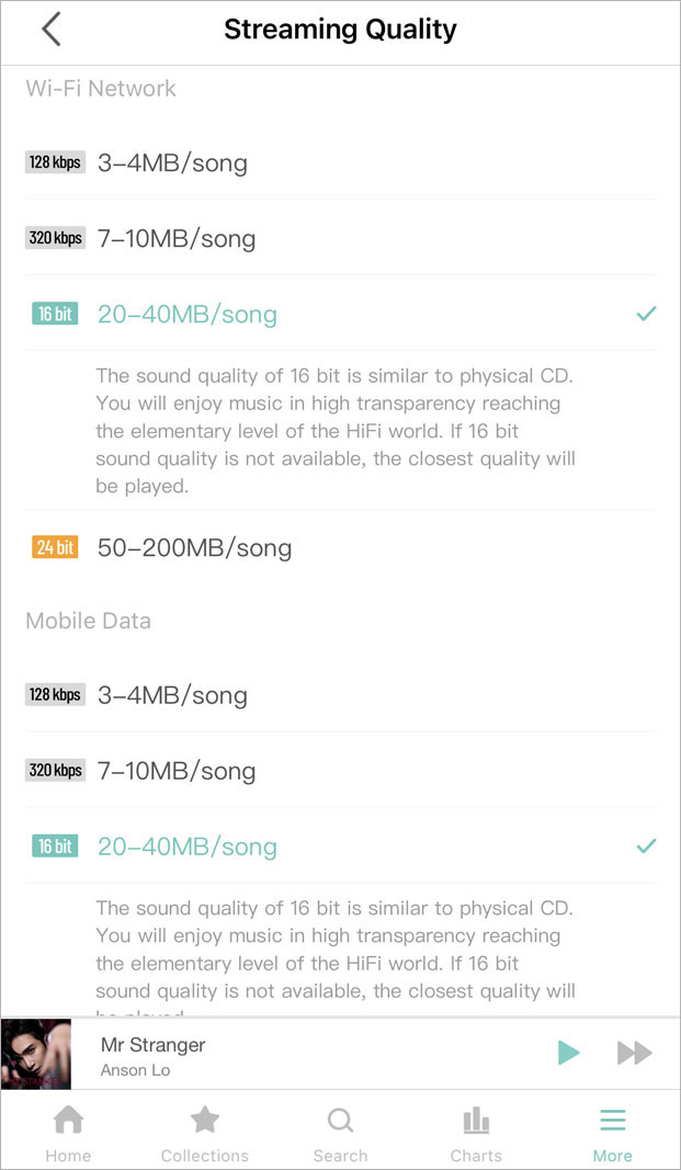 3. Select “Hi-Fi lossless” in “Stream quality”