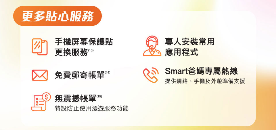 更多貼心服務 - 手機屏幕保護貼更換服務(14) | 免費郵寄帳單(15) | 無震撼帳單(15) 特設防止使用漫遊服務功能 | 專人安裝常用應用程式 | Smart爸媽專屬熱線 提供網絡、手機及外遊準備支援