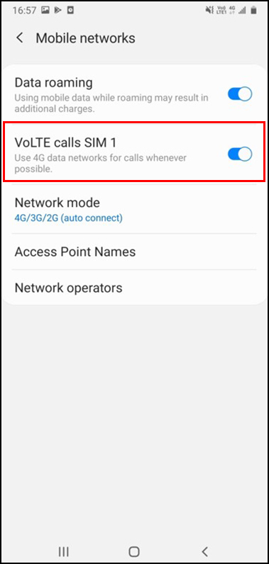 Turn on “VoLTE calls SIM 1”