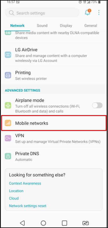 Via handset Setting, Select Mobile networks