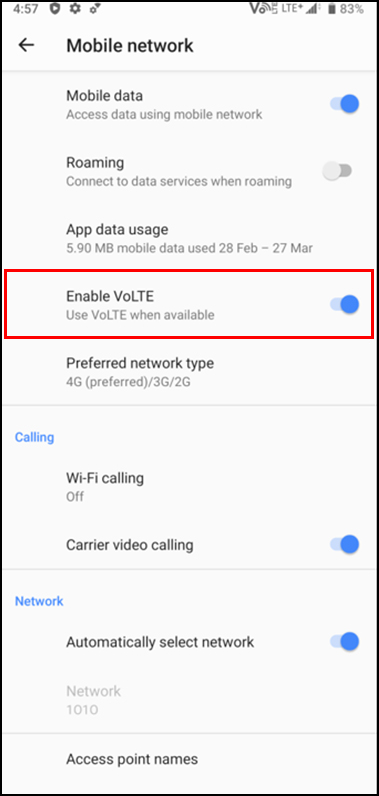 Turn on “Enable VoLTE” 