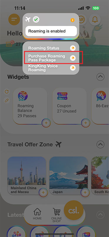 Purchase Roaming Pass package in advance