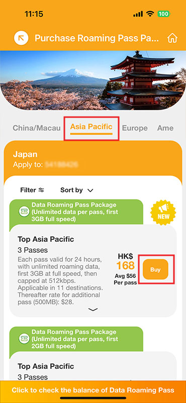 Purchase Roaming Pass package in advance