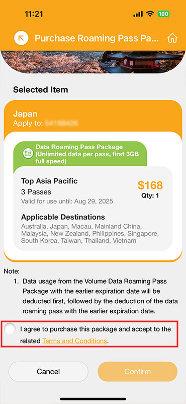 Purchase Roaming Pass package in advance