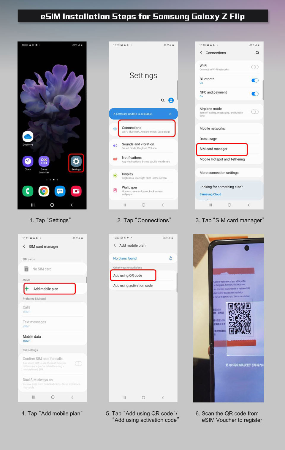 eSIM installation steps for Samsung Galaxy Z Flip