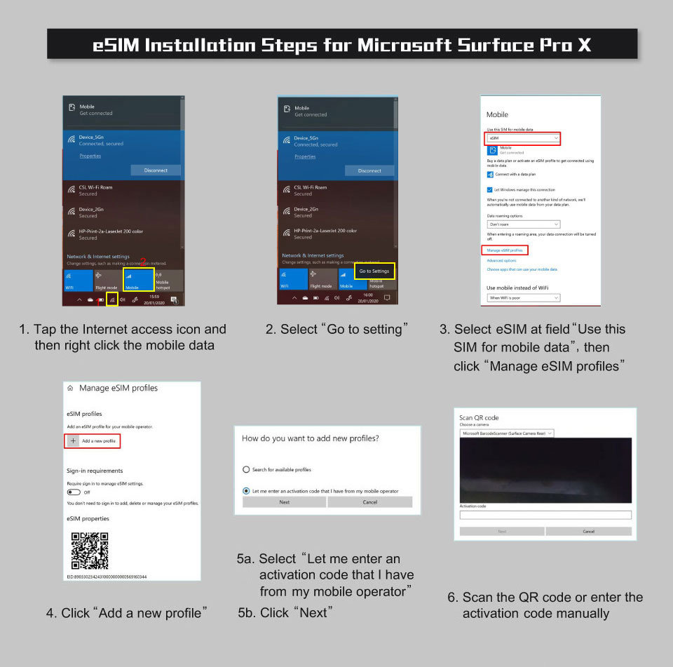 eSIM installation steps for Microsoft Surface Pro X