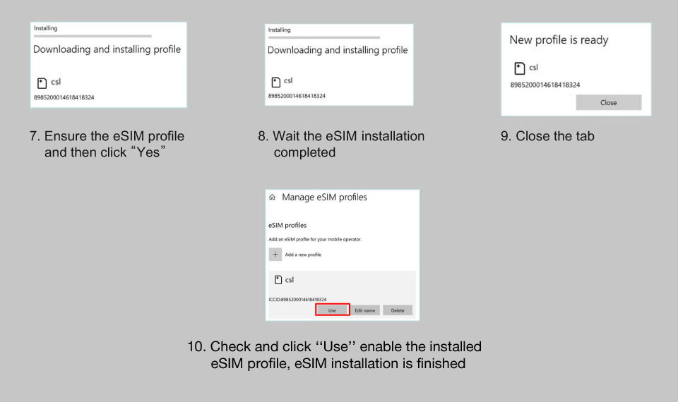 eSIM installation steps for Microsoft Surface Pro X