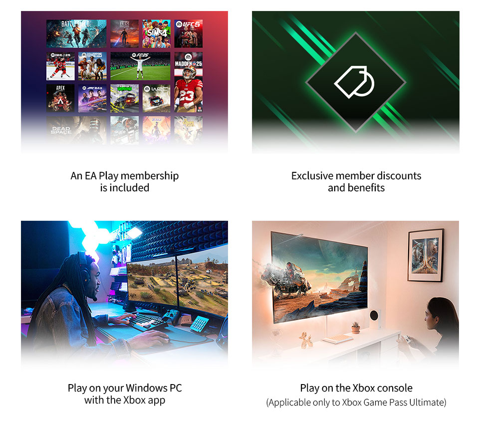 An EA Play membership is included. Exclusive member discounts and benefits. Play on your Windows PC with the Xbox app. Play on the Xbox console (Applicable only to Xbox Game Pass Ultimate).